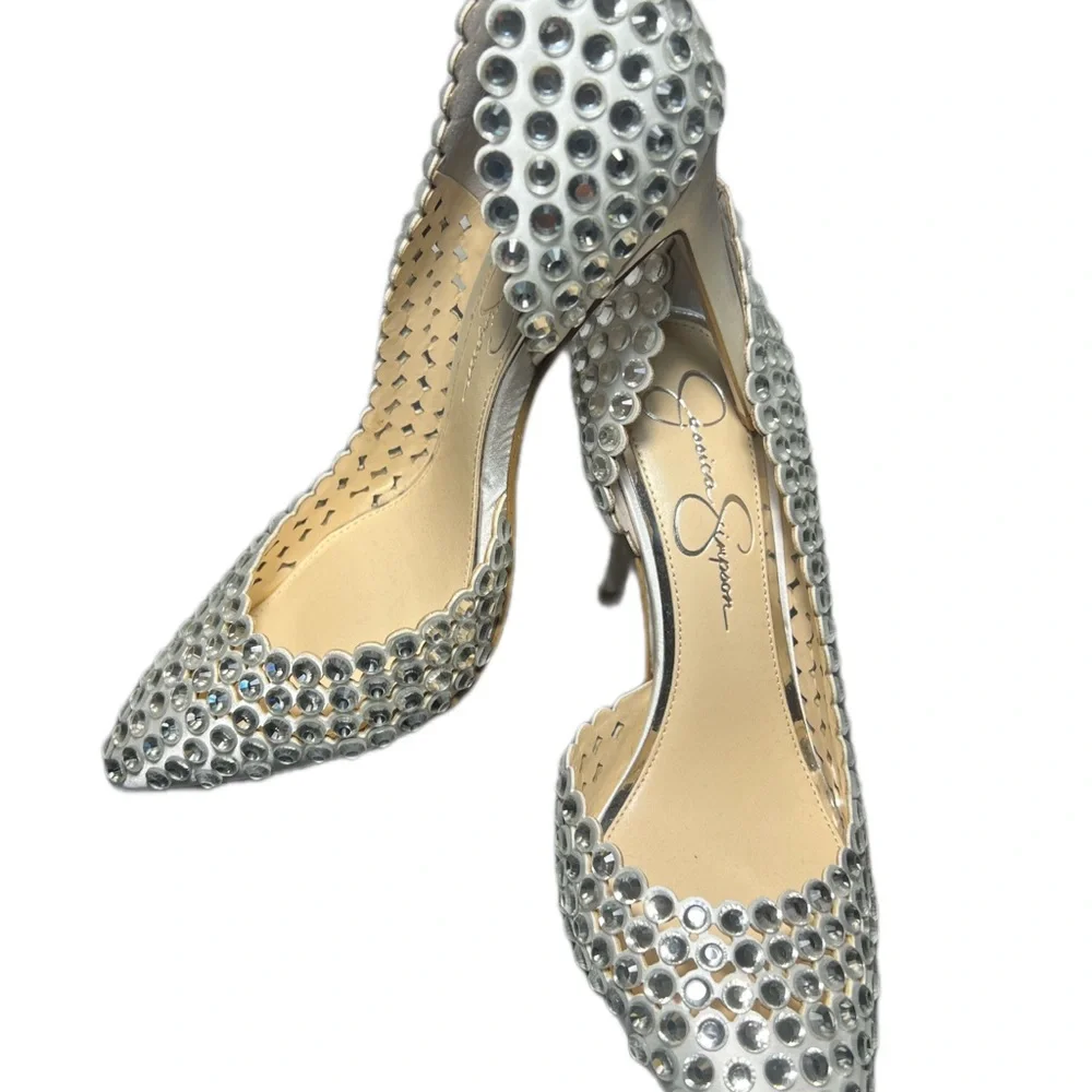 Jessica Simpson Rhinestone Heels 8.5 Silver Bridal Stiletto Glam - Picture 4 of 11